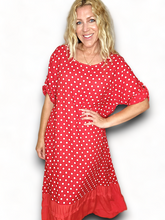 Load image into Gallery viewer, HELGA MAY Polka Dot Plain Hem Red Linen Dress Sz 14-20