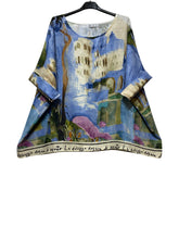 Load image into Gallery viewer, Colette Italian Made Linen Abstract Garden Print Blouse ~ Denim Blue