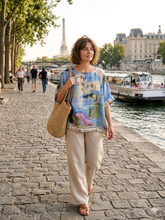 Load image into Gallery viewer, Colette Italian Made Linen Abstract Garden Print Blouse ~ Lemon