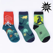 Load image into Gallery viewer, Dinosaur Days (Glow in the Dark) 3-Pack Kids Crew Socks ~ Sock it to Me ~ Two Sizes