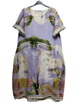 Load image into Gallery viewer, Colette Italian Made Linen Abstract Townscape Dress ~ Lilac