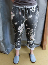 Load image into Gallery viewer, Made in Italy Stretch Cotton Trousers ~ Floral Charcoal Denim Look

