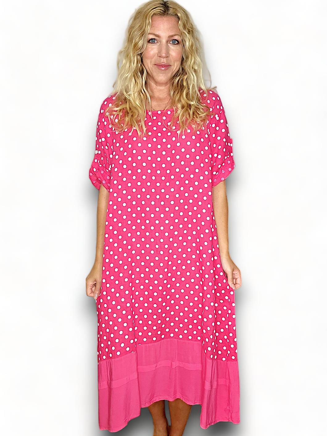 HELGA MAY Polka Dot Plain Hem Lipstick Linen Dress Sz 14-20