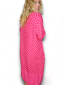 HELGA MAY Polka Dot Plain Hem Hot Pink Linen Dress Sz 14-20