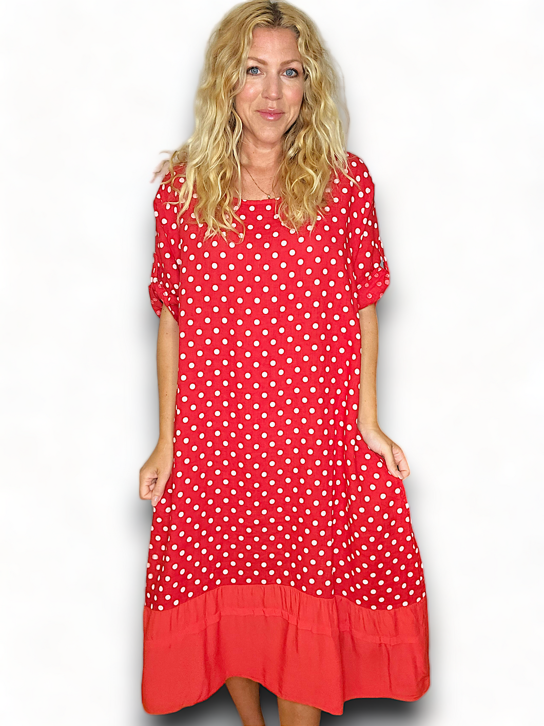 HELGA MAY Polka Dot Plain Hem Red Linen Dress Sz 14-20