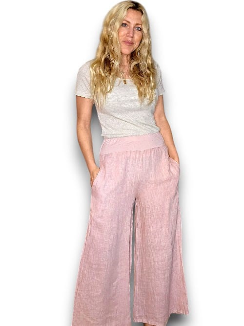 HELGA MAY Italian Linen Wide Leg Pants Plain ~ Light Pink