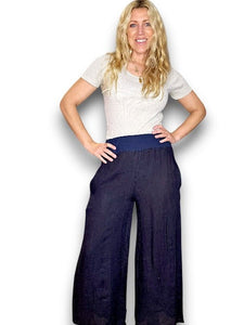 HELGA MAY Italian Linen Wide Leg Pants Plain ~ Navy