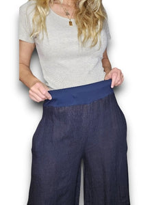 HELGA MAY Italian Linen Wide Leg Pants Plain ~ Navy