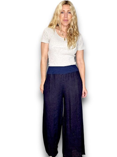 HELGA MAY Italian Linen Wide Leg Pants Plain ~ Navy