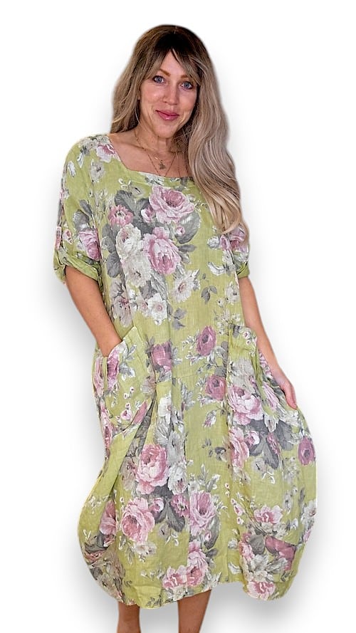 HELGA MAY Soft Floral Maxi Dress ~ Antique Lime