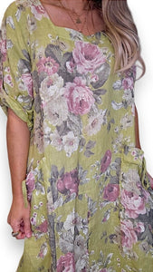 HELGA MAY Soft Floral Maxi Dress ~ Antique Lime