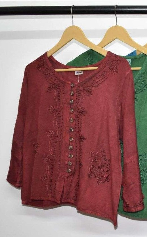 Embroidered 3/4 Sleeve Top in 100% Rayon ~ Red
