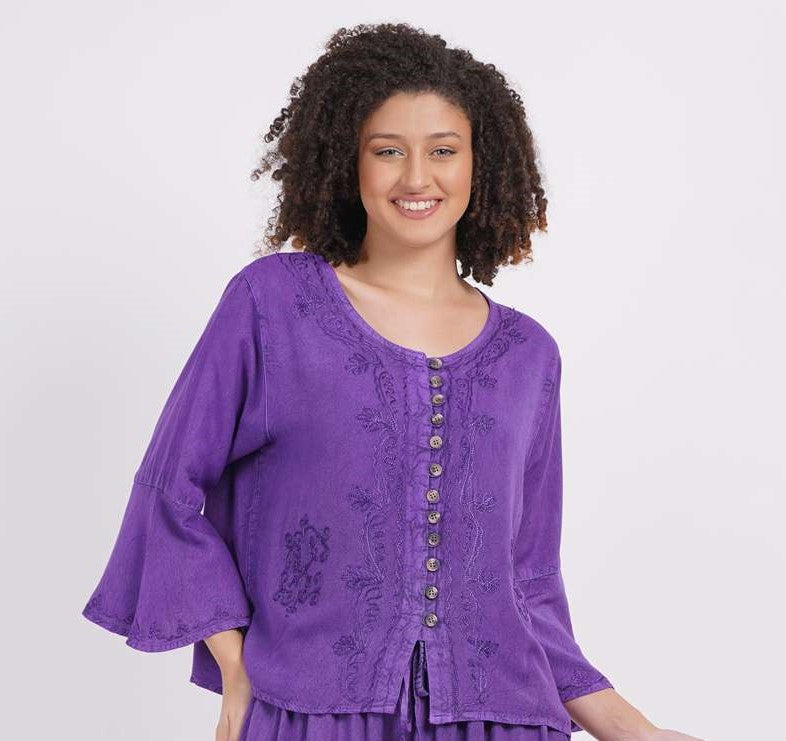 Embroidered 3/4 Sleeve Top in 100% Rayon ~ Purple