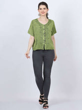 Load image into Gallery viewer, Embroidered Short Sleeve Top in 100% Rayon ~ Green
