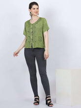 Load image into Gallery viewer, Embroidered Short Sleeve Top in 100% Rayon ~ Green
