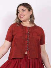 Load image into Gallery viewer, Embroidered Short Sleeve Top in 100% Rayon ~ Red
