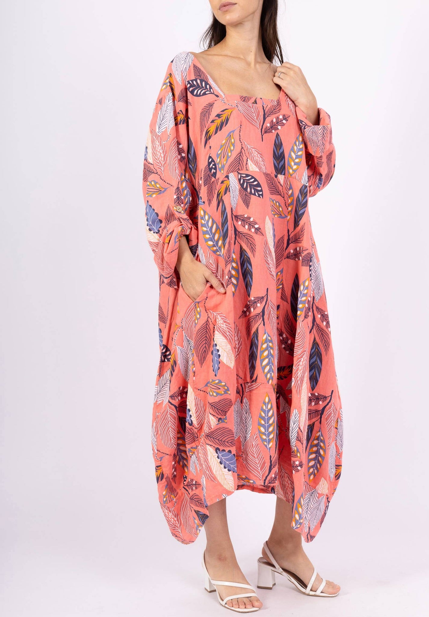 Colette Italian Made Linen Square Neck Leaves Dress ~ Green Jenoa NZ Colette Italian Made Linen Square Neck Leaves Dress ~ Green Jenoa NZ