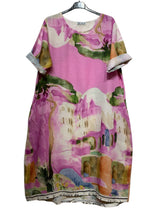 Load image into Gallery viewer, Colette Italian Made Linen Abstract Townscape Dress ~ Mauve
