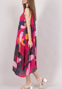 Collette Italian Made Linen Sleeveless Abstract Dress ~ Navy