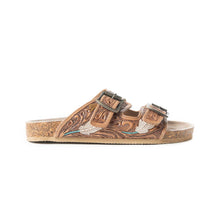 Load image into Gallery viewer, Tooled Leather Sandals Falling Feather ~ Dark Brown
