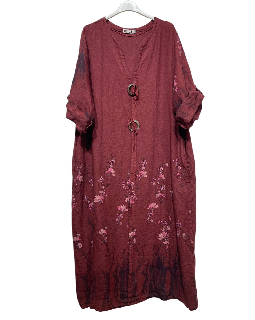 Colette Italian Made Linen Duo Button Dress ~ Bordeaux