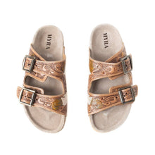 Load image into Gallery viewer, Tooled Leather Sandals Falling Feather ~ Dark Brown
