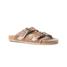 Load image into Gallery viewer, Tooled Leather Sandals Falling Feather ~ Dark Brown
