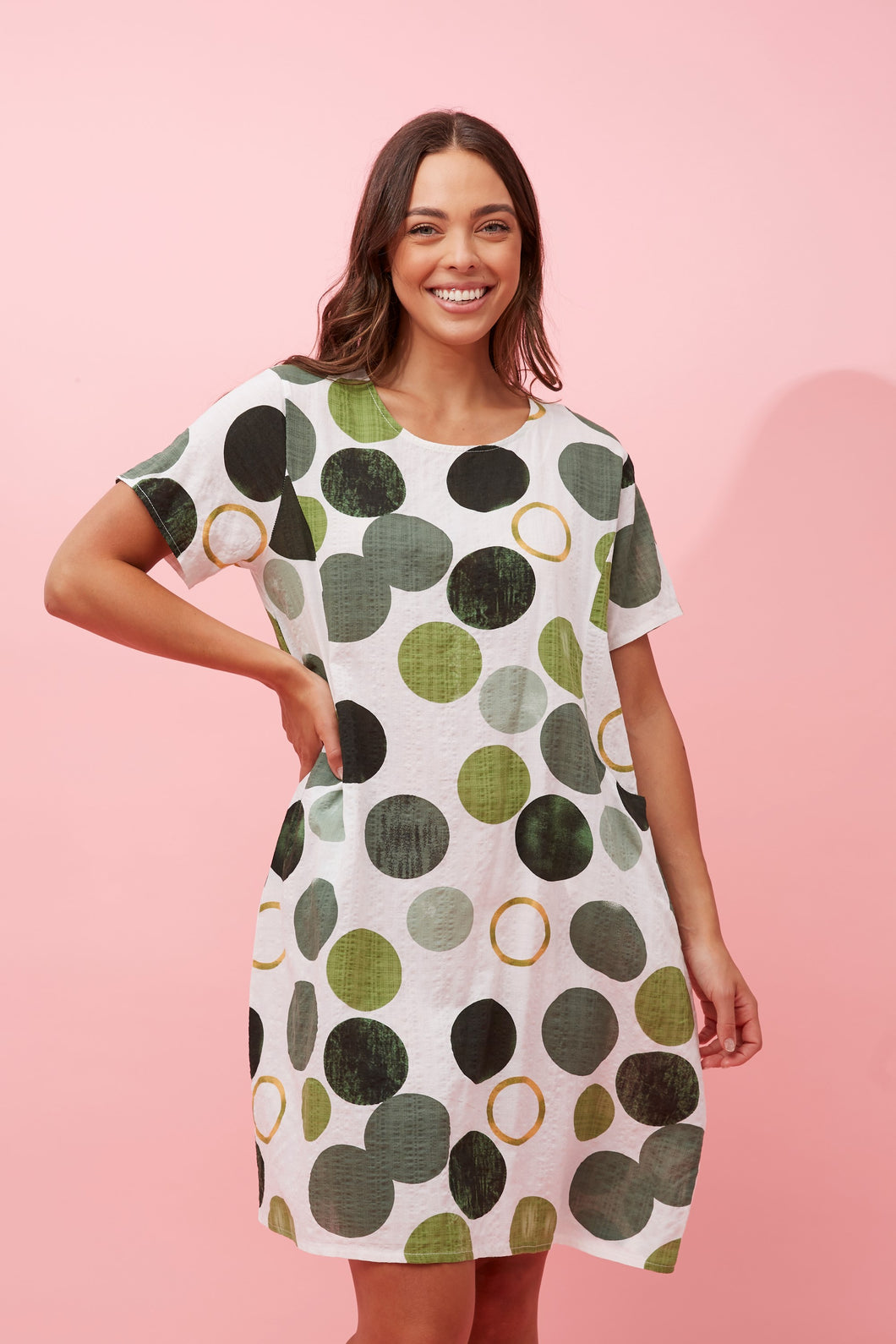 Caroline Morgan Cotton Pocket Circles Dress ~ Multi Green
