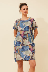 Caroline Morgan Cotton Pocket Abstract Dress ~ Blue