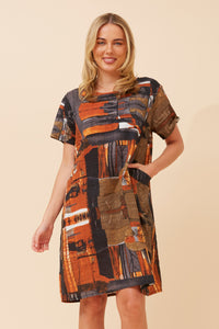 Caroline Morgan Cotton Pocket Brush Stroke Dress ~ Burnt Sienna