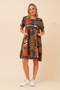 Caroline Morgan Cotton Pocket Brush Stroke Dress ~ Burnt Sienna