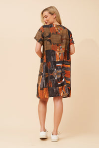 Caroline Morgan Cotton Pocket Brush Stroke Dress ~ Burnt Sienna
