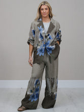 Load image into Gallery viewer, Italian Made Linen Jacket Blue Flower ~ Mocha
