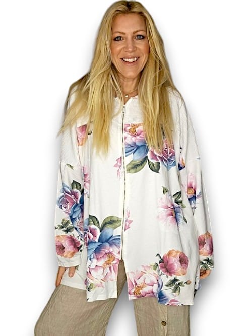 Italian Made Cotton Ombre Peony Hoodie by Helga May ~ White