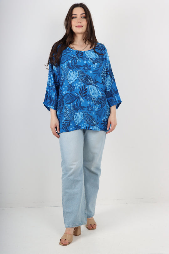 Italian Cotton Top Leaf Print Royal Blue Sz 8-18