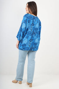 Italian Cotton Top Leaf Print Royal Blue Sz 8-18