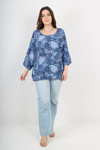 Italian Cotton Top Leaf Print Denim Sz 8-18