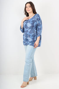 Italian Cotton Top Leaf Print Denim Sz 8-18