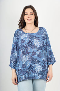 Italian Cotton Top Leaf Print Denim Sz 8-18