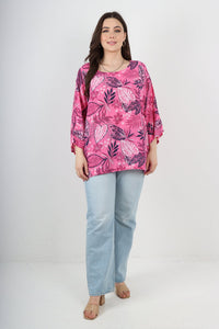 Italian Cotton Top Leaf Print Fuschia Sz 8-18