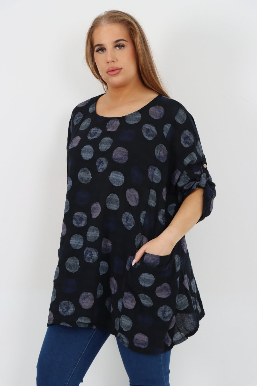 Italian Cotton Top w/Front Pockets Polka ~ Black Sz 14-22