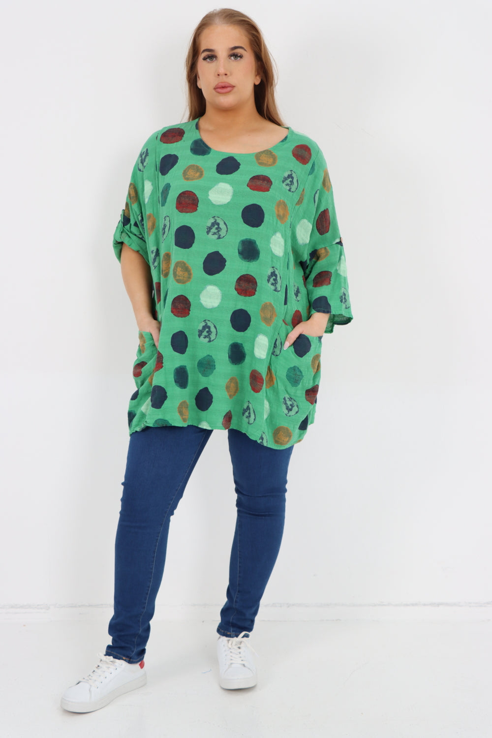 Italian Cotton Top w/Front Pockets Polka ~ Green Sz 14-22