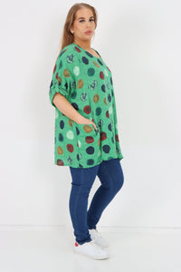 Italian Cotton Top w/Front Pockets Polka ~ Green Sz 14-22