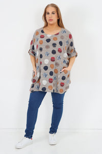 Italian Cotton Top w/Front Pockets Polka ~ Mocha Sz 14-22