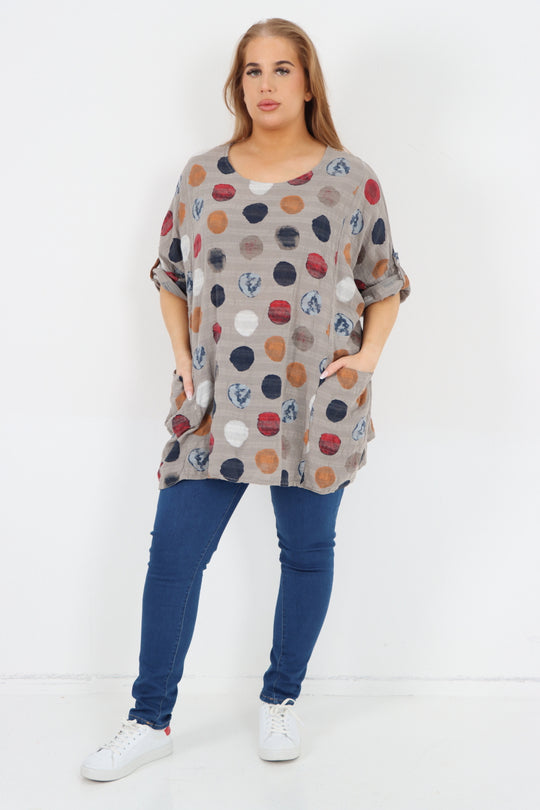 Italian Cotton Top w/Front Pockets Polka ~ Mocha Sz 14-22