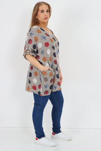 Italian Cotton Top w/Front Pockets Polka ~ Mocha Sz 14-22