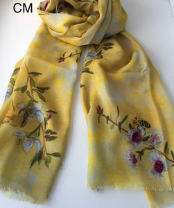 Floral Bees Yellow Cotton/Modal Designer Scarf