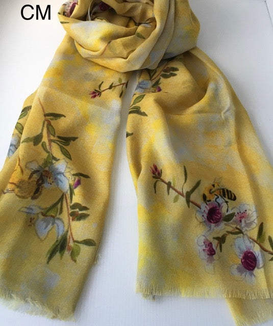 Floral Bees Yellow Cotton/Modal Designer Scarf