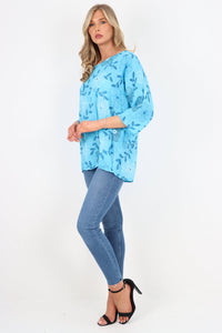 Italian Cotton Top Bloom Print Turquoise Sz 8-18