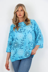 Italian Cotton Top Bloom Print Turquoise Sz 8-18